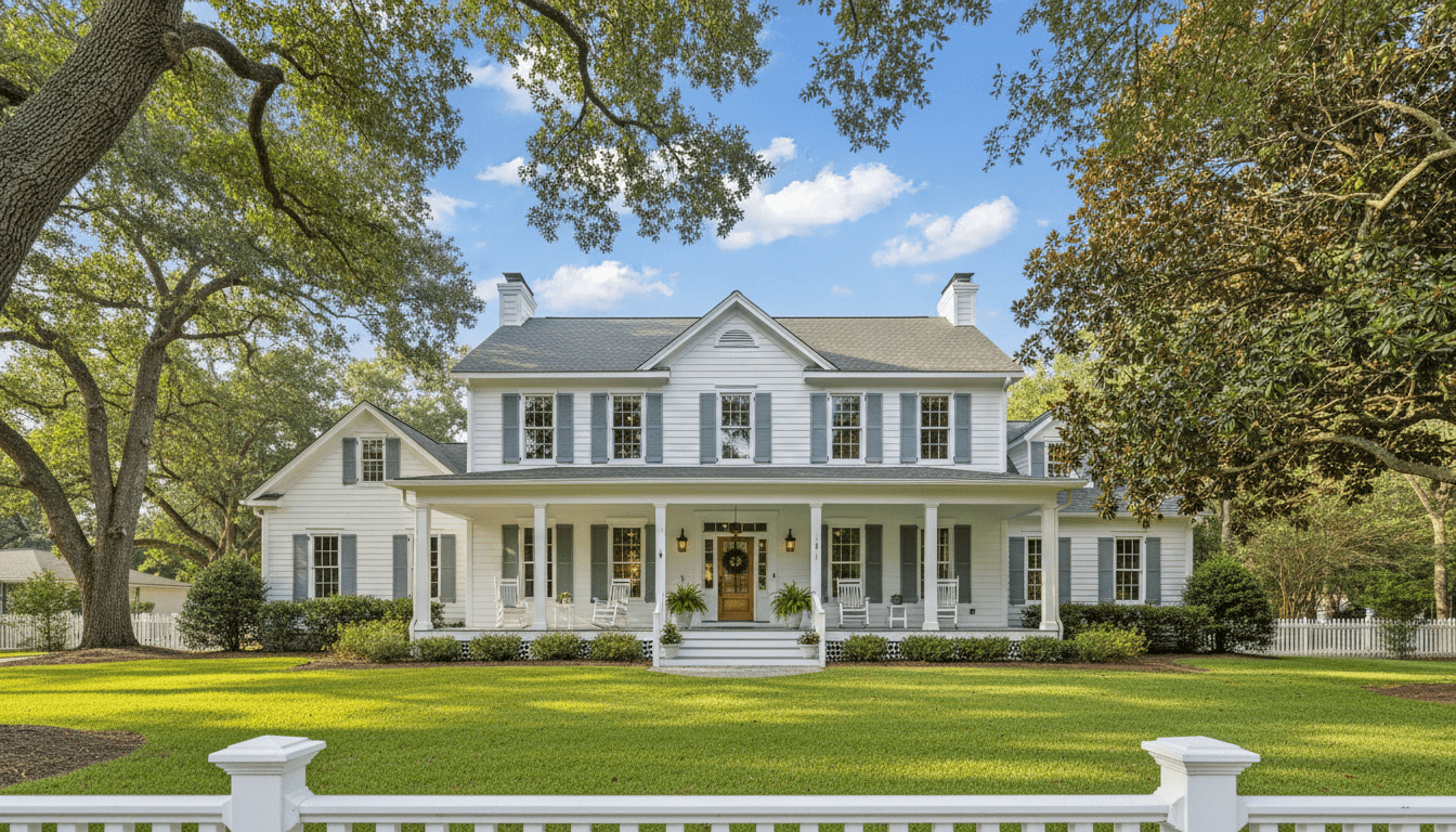 A freshly painted Southern home exterior with crisp white siding and soft gray-blue shutters, welcoming front porch, lush green lawn, and mature trees under a blue sky