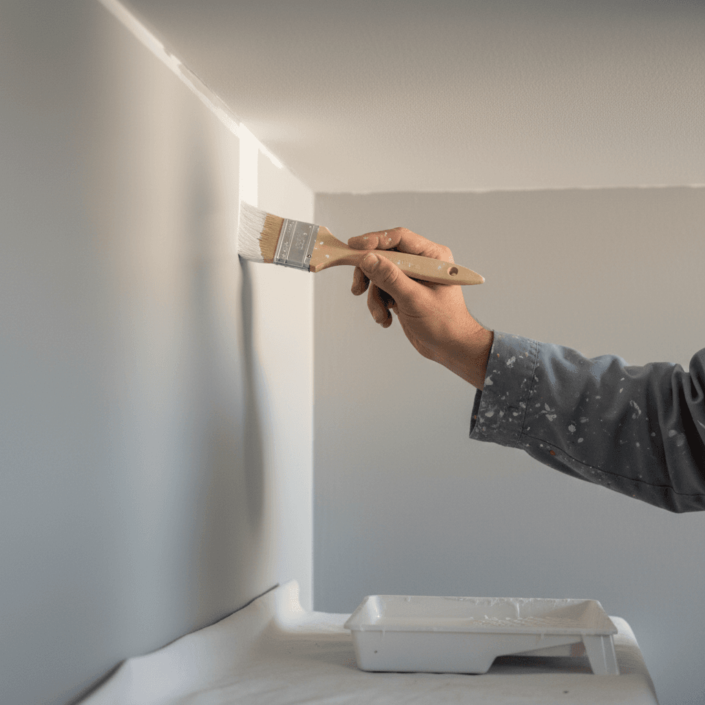 Painter's hand cutting in a clean line along a ceiling edge