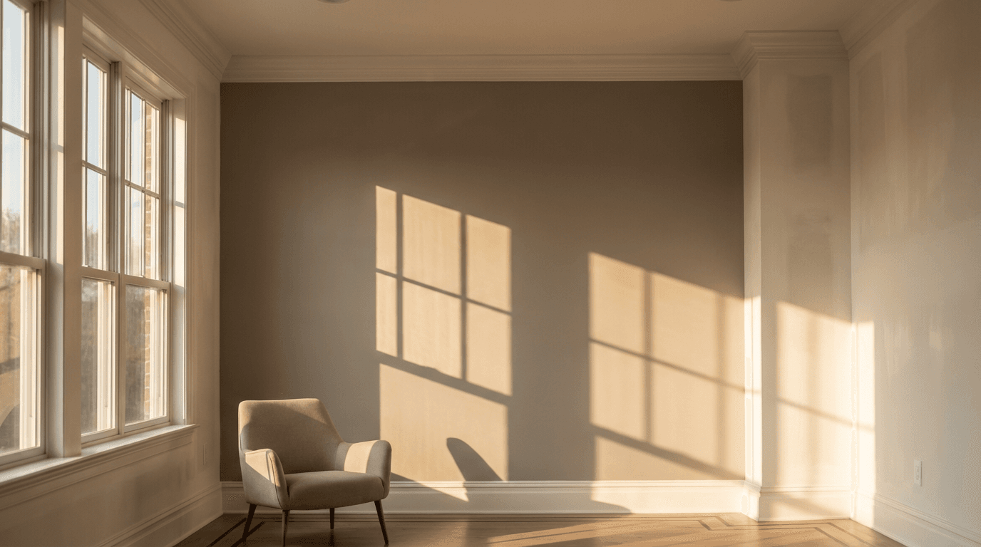 Freshly painted interior wall with clean trim and painting supplies nearby