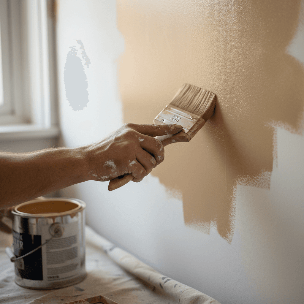 Hand using a brush to apply paint to a wall