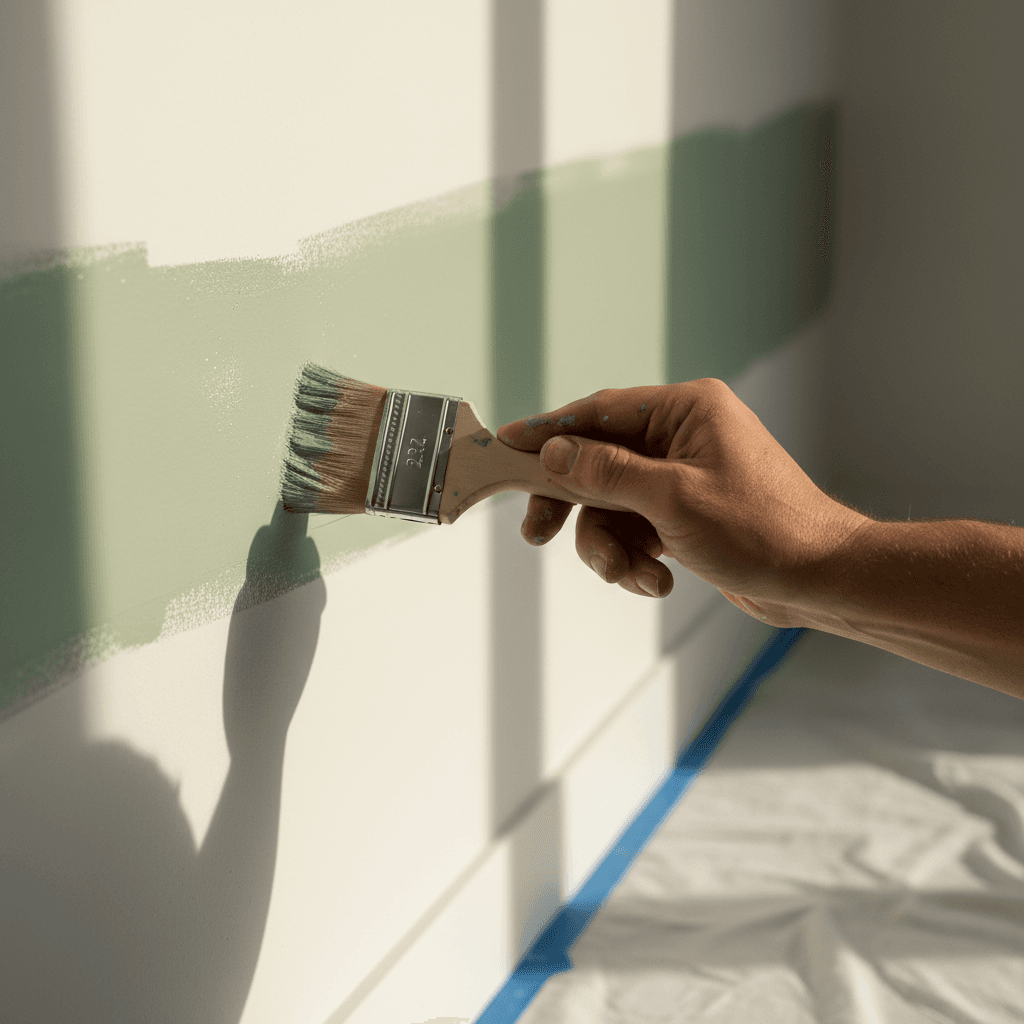 Close-up of a paintbrush applying fresh white paint to an interior wall