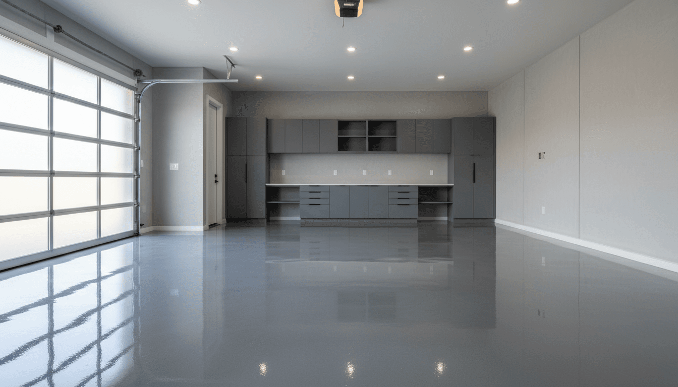 Finished garage with painted walls and epoxy floor